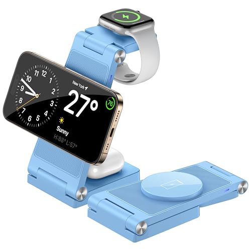 Magnetic Wireless Charger Stand, 3 in 1 Foldable Wireless Charging Station, Travel Charger for Multiple Devices for iPhone 16 15 14 13 12 Series, Apple Watch Ultra/SE/9/8/7/6/5/4/3/2, AirPods