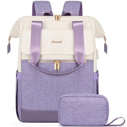 LOVEVOOK Laptop Backpack for Women, 15.6 Inch Work Laptop Bag with USB Port, Fashion Teacher Nurse Backpack Purse, Waterproof Travel Computer Backpack with Organizer Bag, 2PCS, Beige-Light Purple