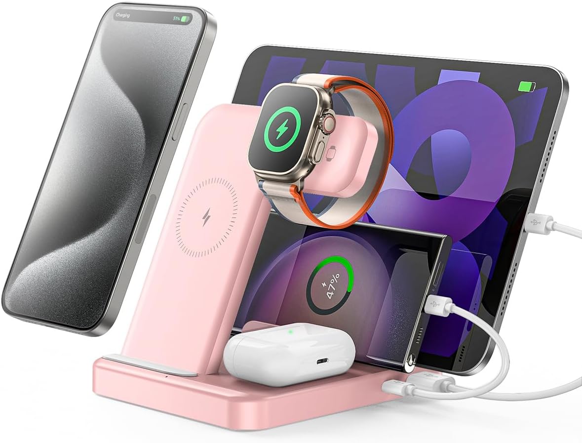 Intoval 5-in-1 Charging Station, for iPhones 17/17 Pro/17 Pro Max and Androids, iPad Pro/Air/Mini, Apple Watch 11/Ultra 3/Ultra 2/Ultra/10/9/8/7/SE, Wireless Charging Dock for Multiple Devices (Pink)