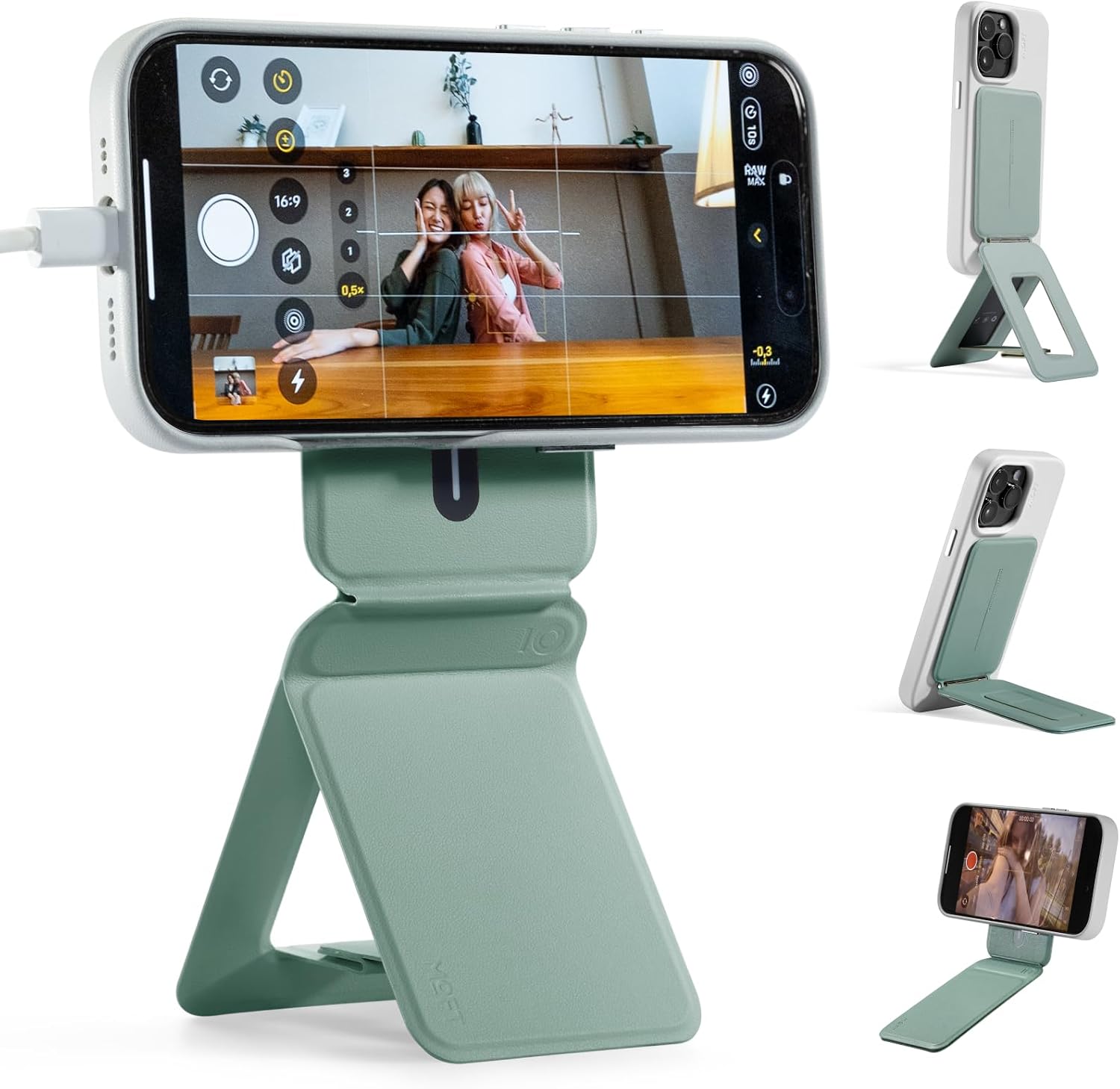 MOFT Phone Tripod Stand Selfie Stick for iPhone, Multi-Angles iPhone Stand, Lightweight & Portable Phone Holder, Strong Magnets, MOVAS Vegan Leather, Seafoam (Without Card Slot)