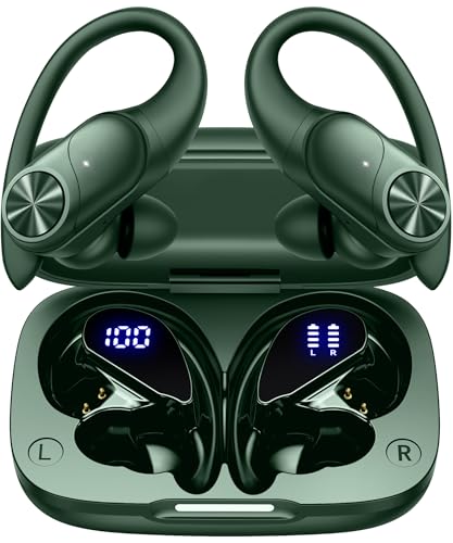 PocBuds Bluetooth Headphones Wireless Earbuds 80hrs Playtime Wireless Charging Case Digital Display Sports Ear Buds with Earhook Deep Bass IPX7 Waterproof Over-Ear Earphones for TV Phone Laptop Olive