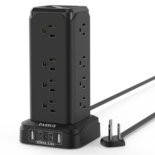 Power Strip Surge Protector with 4 USB(2 USB C,PD20W) Ports,1625W|13A Long Extension Cord with 16 AC Outlets,PASSUS Power Tower Thin Flat Plug Desk Charging Station for Home Office DormRoom