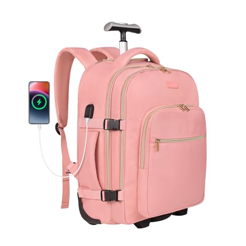 Rolling Backpack for Women, 17Inch on Laptop Travel Backpack with Wheels, Carry on Luggage Airplane, Overnight Business Trolley Backpack Bag (Sweet Pink) (In Patent)