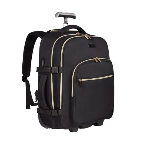 Rolling Backpack for Women, 17Inch Laptop Travel Backpack with Wheels, Carry on Luggage Airplane, Overnight Business Trolley Backpack Bag (Elegant Black) (In Patent)