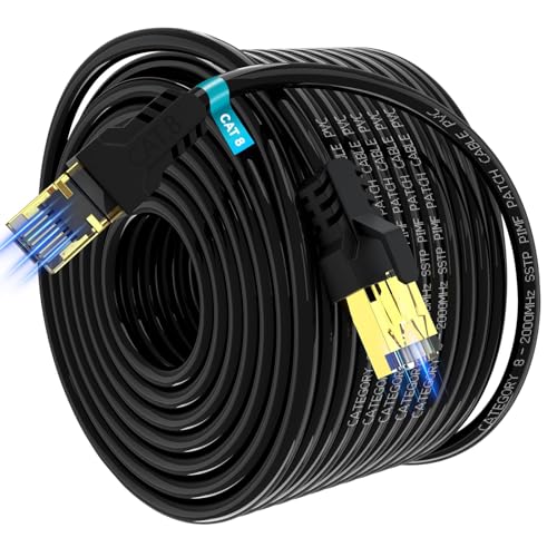 Cat 8 Ethernet Cable 200ft High Speed 40Gbps,2000Mhz,26AWG,Gold Plated RJ45 Connector,for Outdoor&Indoor Weatherproof UV,for/PC/Modem/Router/Gaming,Faster Than Cat7/Cat6/Cat5