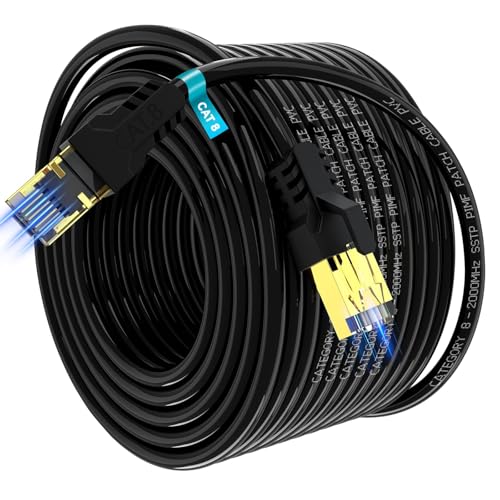 Cat 8 Ethernet Cable 150 ft,High Speed 40Gbps,2000Mhz,26AWG,Gold Plated RJ45 Connector,for Outdoor&Indoor Weatherproof UV,for/PC/Modem/Router/Gaming,Faster Than Cat7/Cat6/Cat5