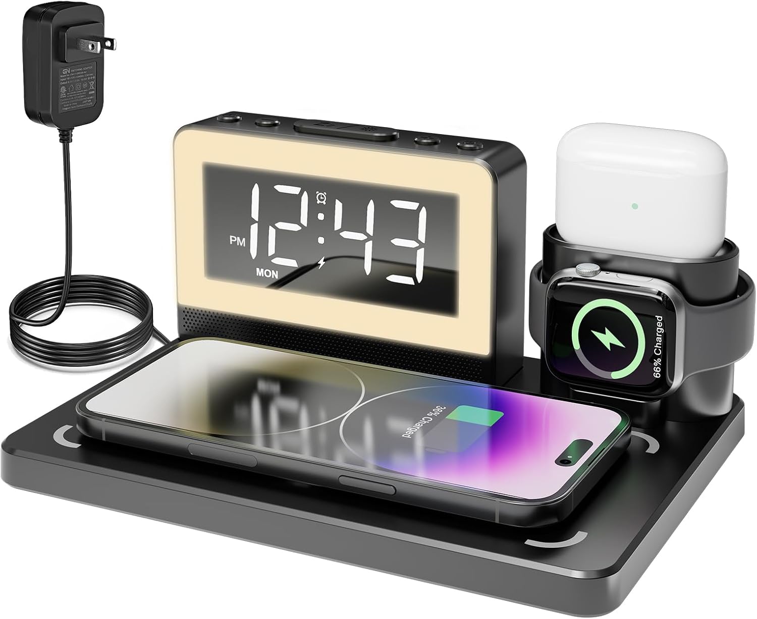 Wireless Fast Charging Station - 7 in 1 Alarm Clock with Wireless Charger Stand - Charging Dock for Apple/Samsung Galaxy Multiple Devices - for iPhone Watch and Airpods (Jet Black)