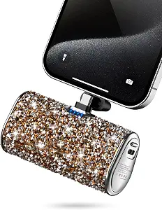Bling Small Portable Charger, Power Bank, 6800mAh Ultra Compact Cute Shining Power Bank 5V3.1A Fast Charger Built-in Flashlight and Type-C Connector for iPhone 15 and Android Phones(Golden)