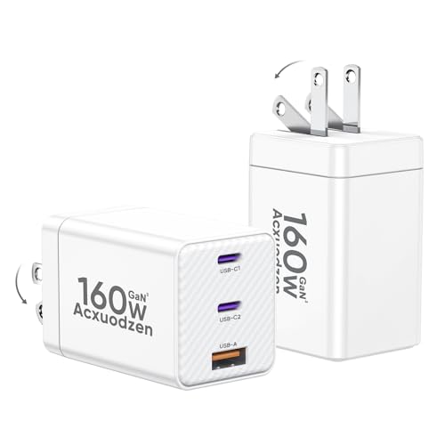 [2 Pack] USB C Charger Block 160W, 3-Port GaN Super Fast Charger, Dual 65W Type C Charging Block, Foldable QC3.0 Laptop Fast Charging for MacBook, iPhone, Samsung, Galaxy, iPad, Android, White