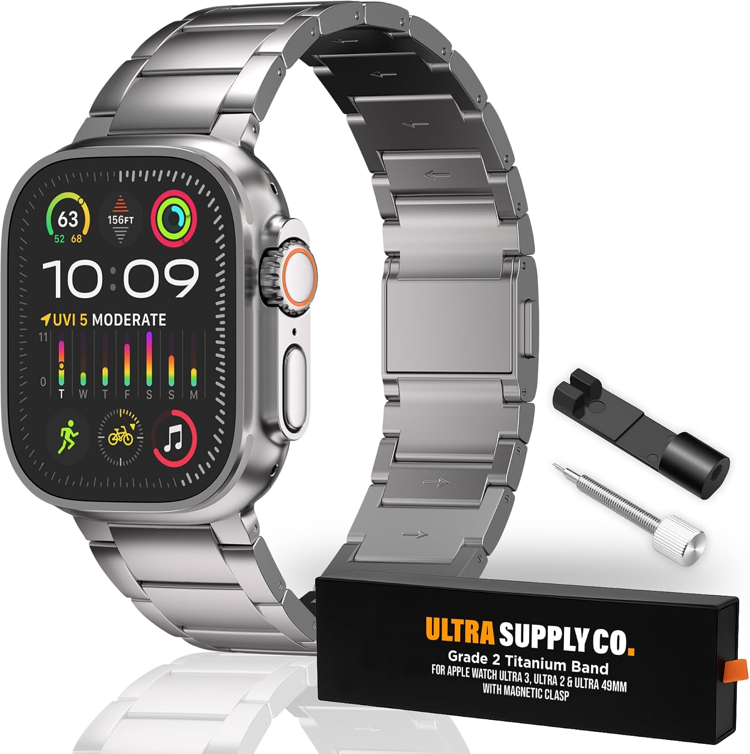 Ultra Supply Co. 49mm Titanium Band Compatible w/Apple Watch Ultra 3, 2, 1 & Older Versions - Magnetic Buckle & DLC Coating  Durable, Lightweight, Waterproof, One Size Fits All Bracelet  Titanium