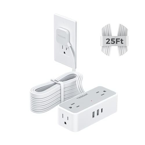 Flat Plug Extension Cord 25 ft, TESSAN Surge Protector Power Strip with 4 AC Outlets 1 USB C and 2 USB A Ports, 900 Joules Protection, Multiple Wall Outlet Extender for Home Office Dorm Essentials