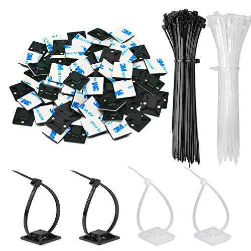 30 Pack 2 inch Zip Tie Adhesive Mounts Self Adhesive Cable Tie Base Holders with Multi-Purpose Tie wire clips with screw hole,Anchor stick on wire holder with 8 inch zip ties (Black&White)