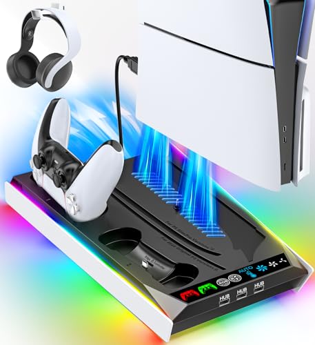 PS5/Slim/Pro Stand for Disc & Digital Console, PS5 Cooling & Charging Station with RGB Ambient Lighting, PS5 Controller Charger Built-in 3 Level Fan, PS5/Slim/Pro Accessories for PlayStation 5 Case