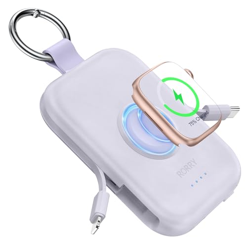 RORRY Portable Charger, 5000mAh Portable Charger Power Bank with Built-in Cables, Travel Keychain Battery Pack for Apple Watch Ultra/11/10/9/8/7/6/SE, iPhone Air/17/16/15/14/13/12, Purple