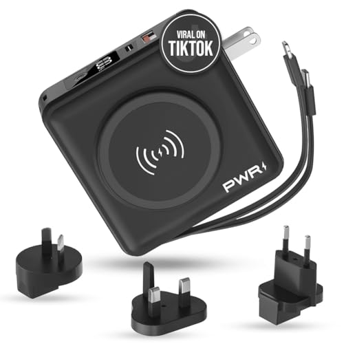 PWR Travel PRO 5-in-1 Power Bank  10,000mAh with Built-in Cables  20W USB-C + 15W Wireless Charging  Compact Portable Charger for iPhone & Android- Black