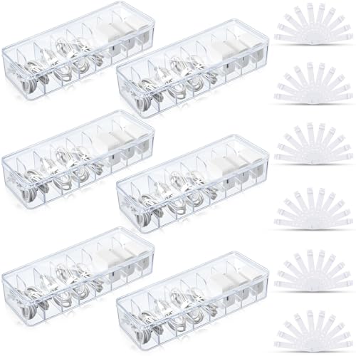 Tatuo 6 Pcs Cable Organizer Box with Wire Ties, Plastic Cord Storage Box with Lid, Electronics Organizer for Home Office Desk Organizers and Accessories (Clear)