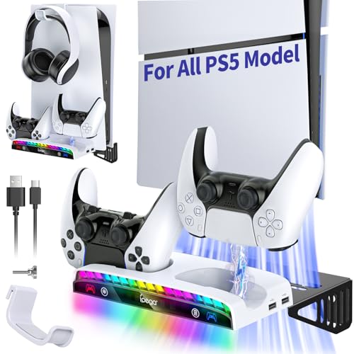 Wall Mount Kit for All PS5 Model Pro/Slim/Original with Charging Station, Controller Charger with RGB Light, Headset Holder & USB Hub for PlayStation 5 Pro/Slim/Original (Disc & Digital)