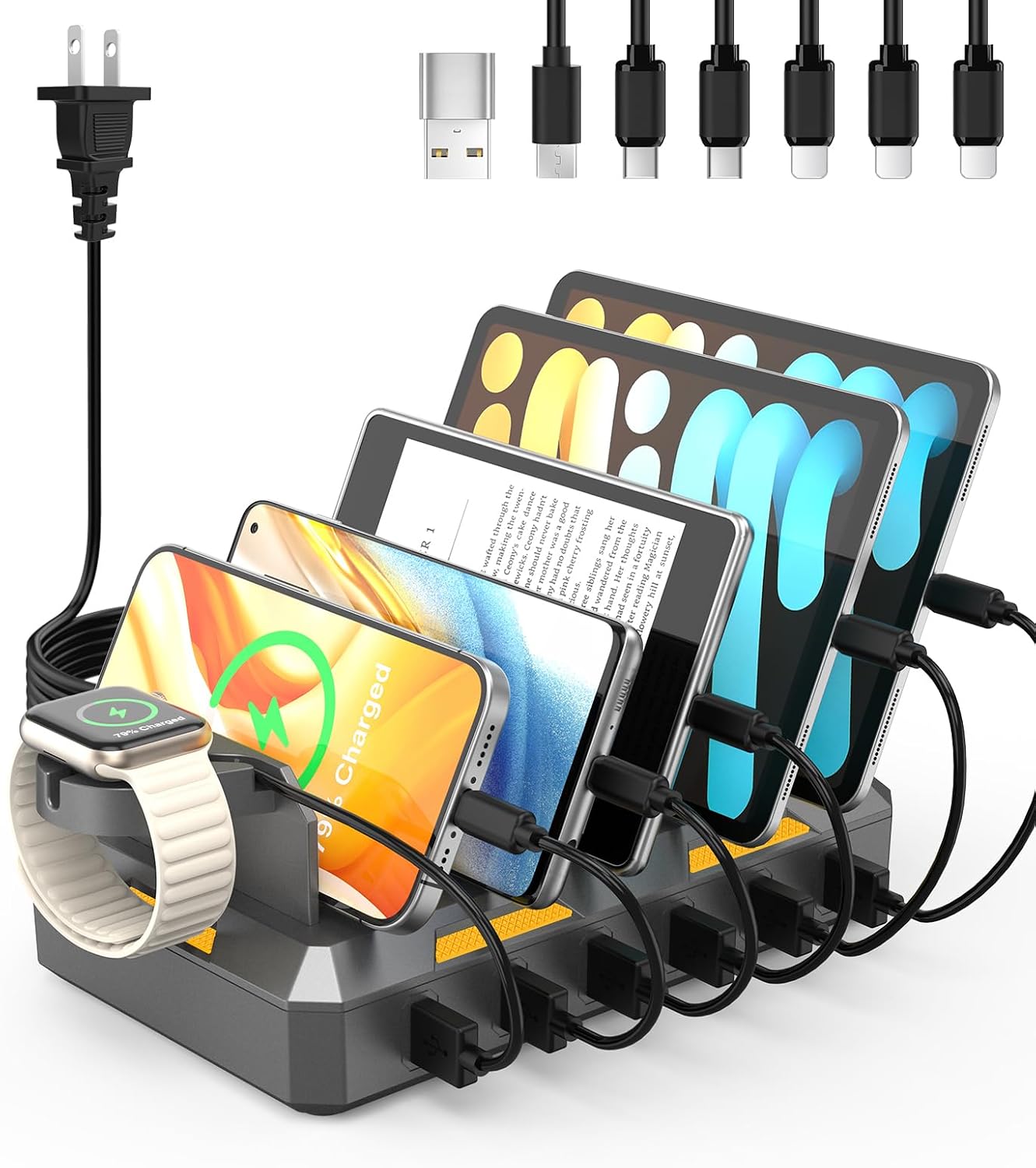 CREATIVE DESIGN Charging Station for Multiple Devices Apple,50W USB Multi Charging Station for iPhone,iPad,Cell Phone,Android,iPad,Tablet,Kindle and More,with 6 Mixed Cables(Space Gray)
