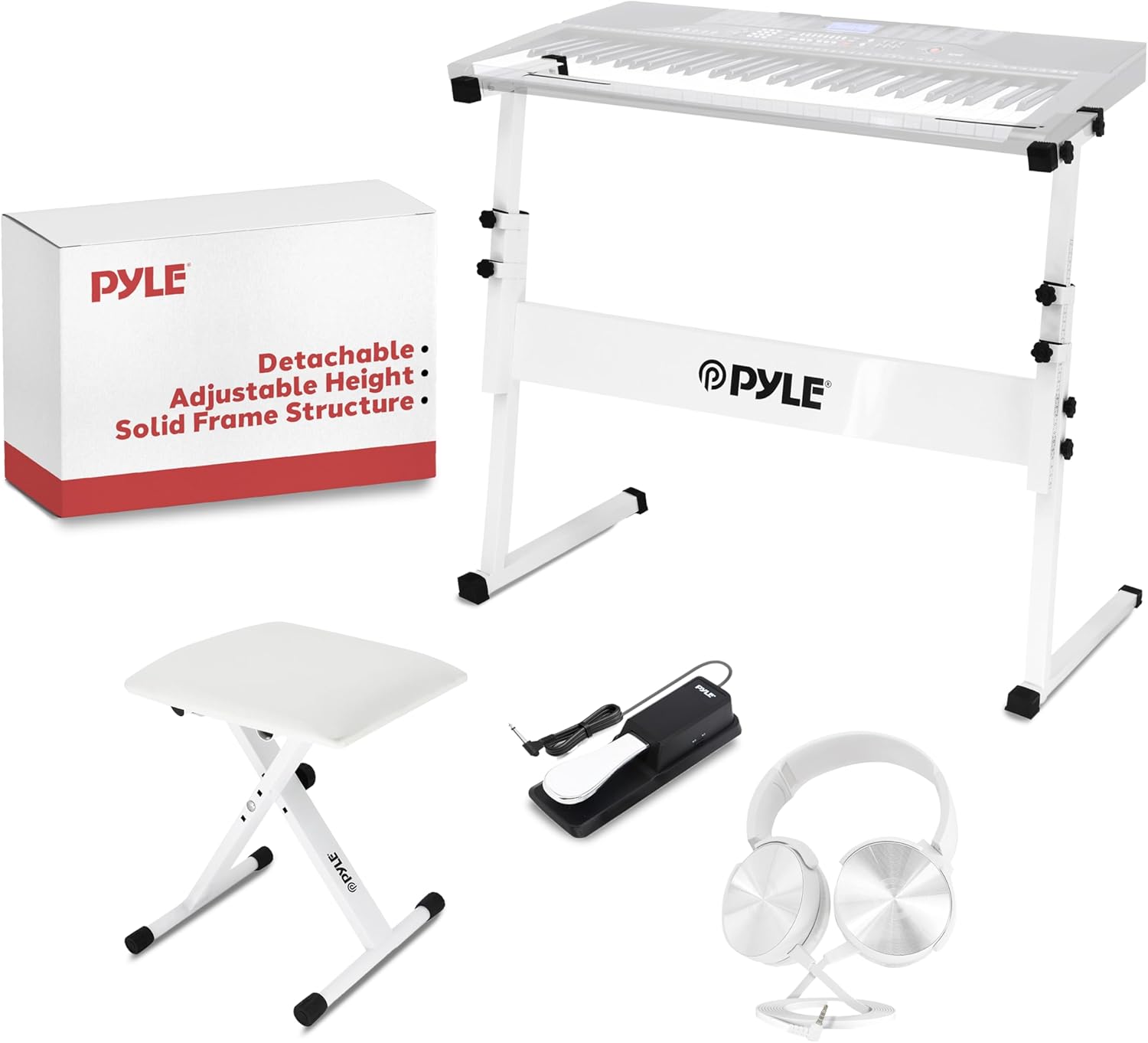 Pyle Heavy-Duty Electric Keyboard Accessories, E Piano Equipment Pack Includes Height Adjustable Z Shape Keyboard Stand, Keyboard Stool, Microphone Stand, Headset, and Sustain Pedal, White