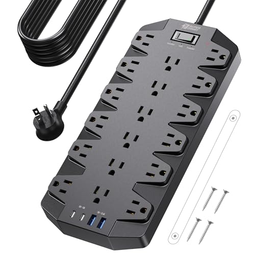 18 Widely Outlets Power Strip, SUPERDANNY Surge Protector with 4 USB Ports, 15FT Flat Plug Heavy Duty Extension Cord, 2100J, 1875W/15A, Wall Mount Holes for Home, Office, Dorm, Black
