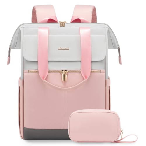 LOVEVOOK 17.3 Inch Laptop Backpack for Women, Large Capacity Travel Backpack with Organizer Bag, Waterproof Carry on Backpack Work Bag with USB Port, Teacher Nurse Backpack Purse, 2PCS, Grey-Pink