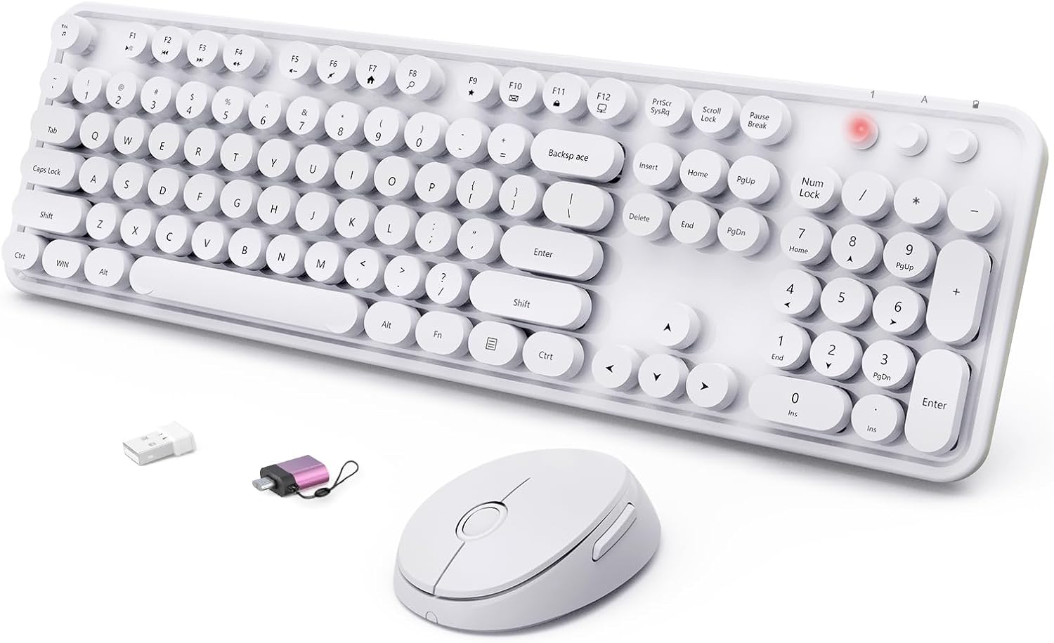 Wireless Keyboard and Mouse Combo, Ergonomic Full Size Typewriter Retro Round Keycaps Keyboard, Compatible with Windows, PC, Perfer for Home and Office Keyboards(White)