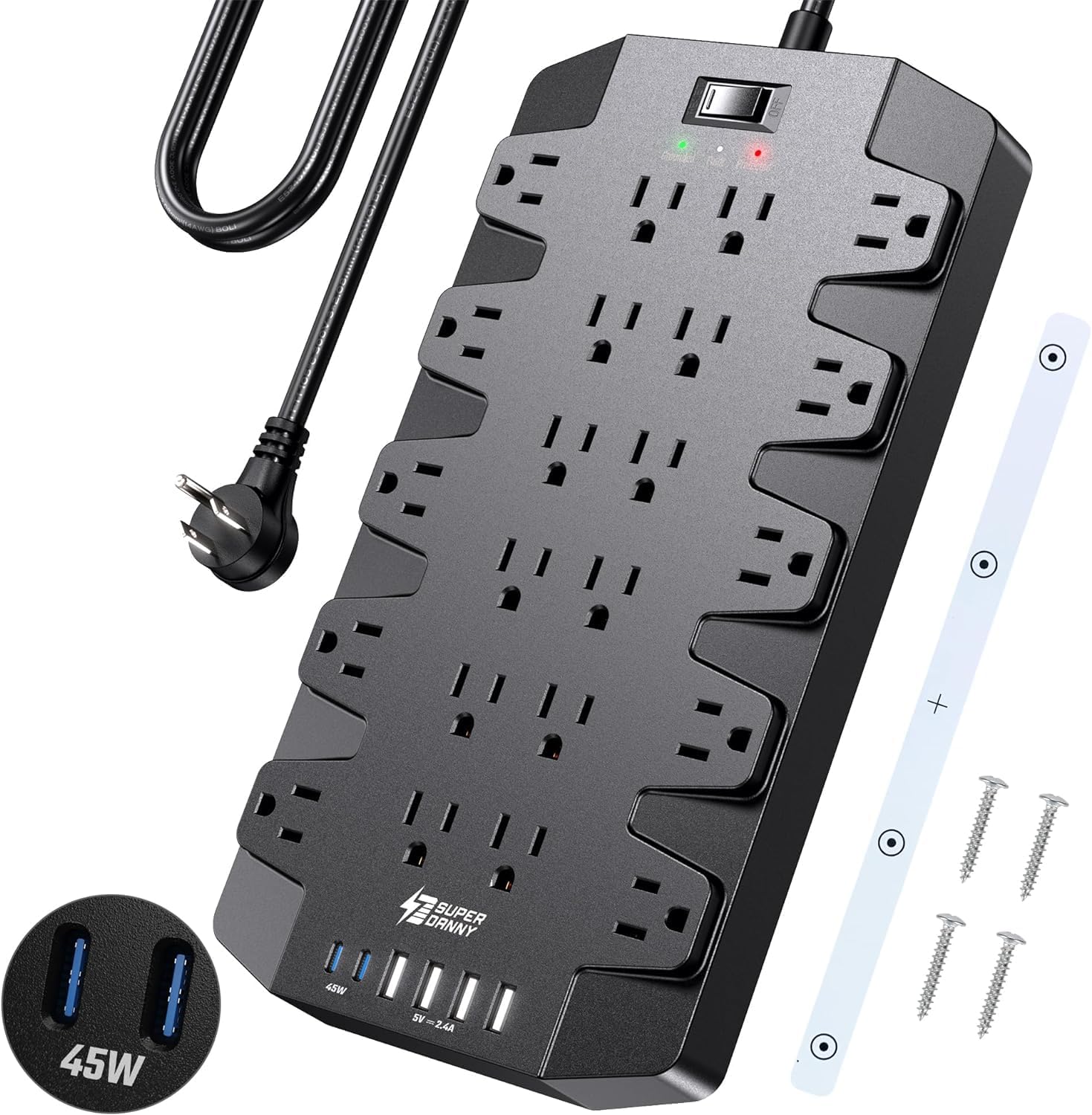PD 45W Fast Charging Power Strip Surge Protector with 22 Outlet + 6 USB Port, SUPERDANNY 1875W/15A, 2100J, 6.5ft 45 Plug Mountable Extension Cord for Home,Office,Dorm,Gaming,PC,Streaming
