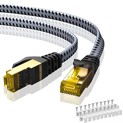 ARISKEEN Cat 8 Ethernet Cable 200 FT, 40Gbps 2000Mhz High Speed Cat8 Network LAN Patch Cord, Nylon Braided Heavy Duty Shielded RJ45 Flat Internet Cable with Clips for Indoor Outdoor - 200 Feet (Grey)