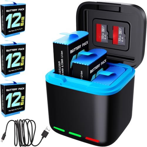 for Hero 12/11/10/9 Battery 3-Pack 2000mAh and USB Storage 3-Channel Fast Charger Fully Compatible with GoPro Hero 12, Hero 11, Hero 10, Hero 9 Black Official with Micro SD Card Slot