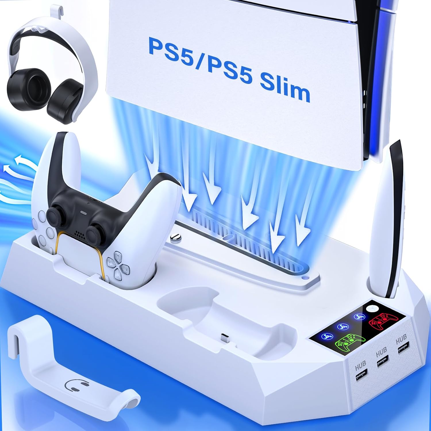 PS5 Slim Cooling Station with Controller Charging Station for PlayStation 5 Console Slim&Standard Disc/Digital, PS5 Cooling Stand Accessories with Cooler Fan/3 USB Hubs/Media&Headset Holder/Screw