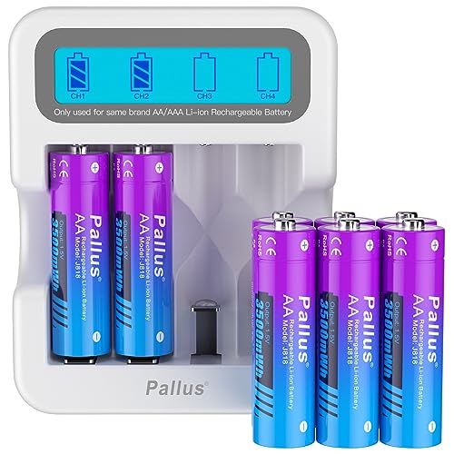 Pallus Lithium AA Rechargeable Batteries, 8-Pack 1.5v 3500mWh Pre-Charged Rechargeable AA Batteries with LCD Charger for Blink Camera