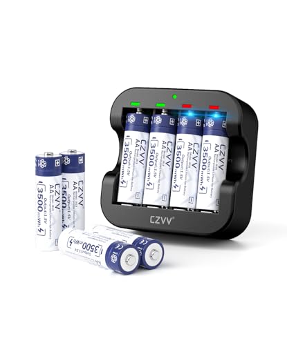 Lithium 1.5V Rechargeable AA Batteries 8-Pack, 3500mWh Massive Capacity Double A Supports Low-Battery Detection for Devices with 4-Slot Fast USB-C Black Charger for Blink Security Trail Cameras, etc.