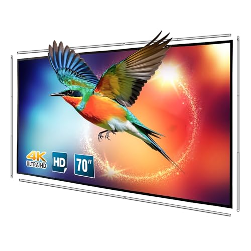 Foldable Projector Screen 70 inch with Lightweight Telescopic Pole Frame Wall Mounted Anti-Crease Black Backing Silver Portable Projection Screen