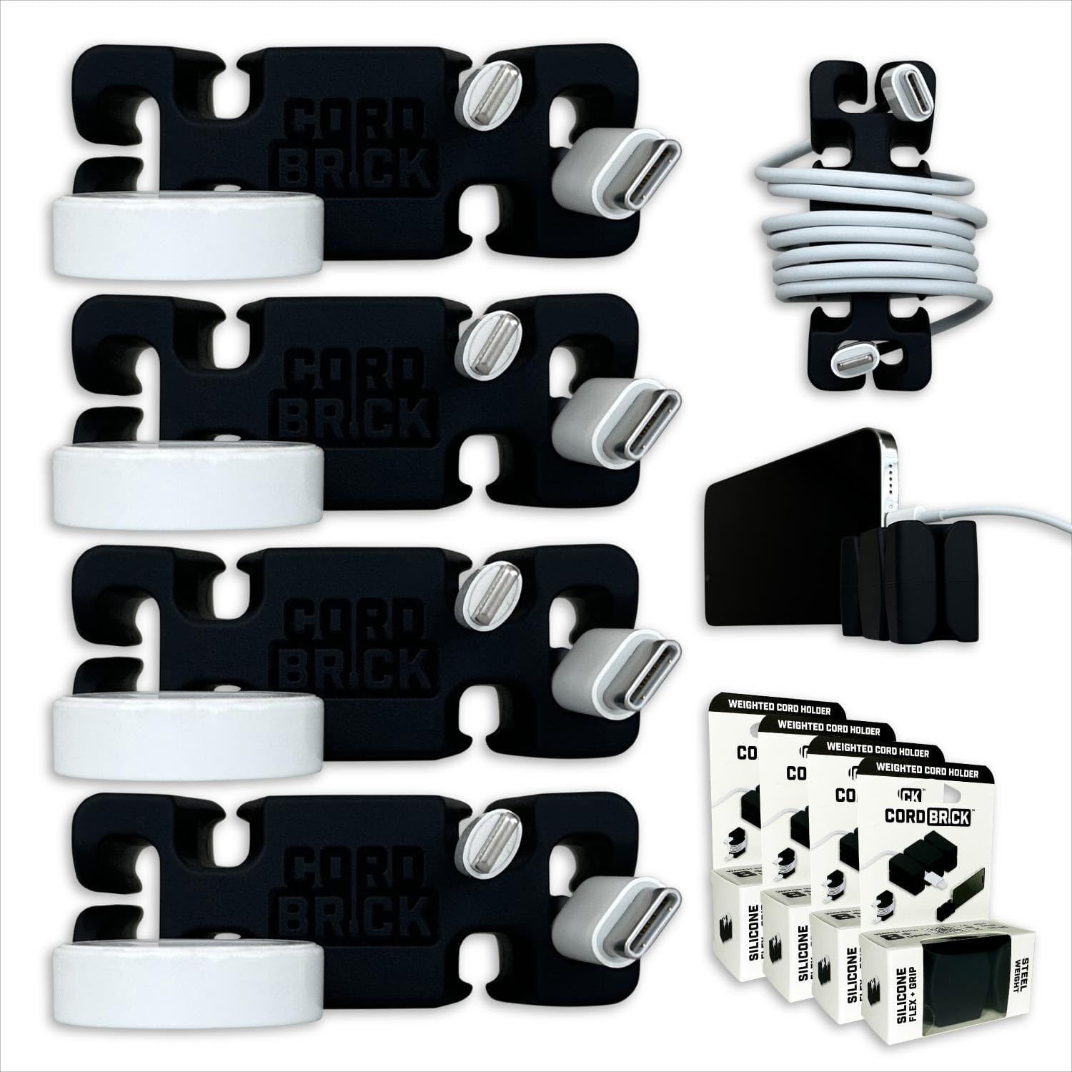 4pk Weighted Cord Holder for Nightstand - Phone Charger Cable Management for Travel - Phone Accessory Stocking Stuffers for Adults - Multipurpose Gift for Home, Office, Black