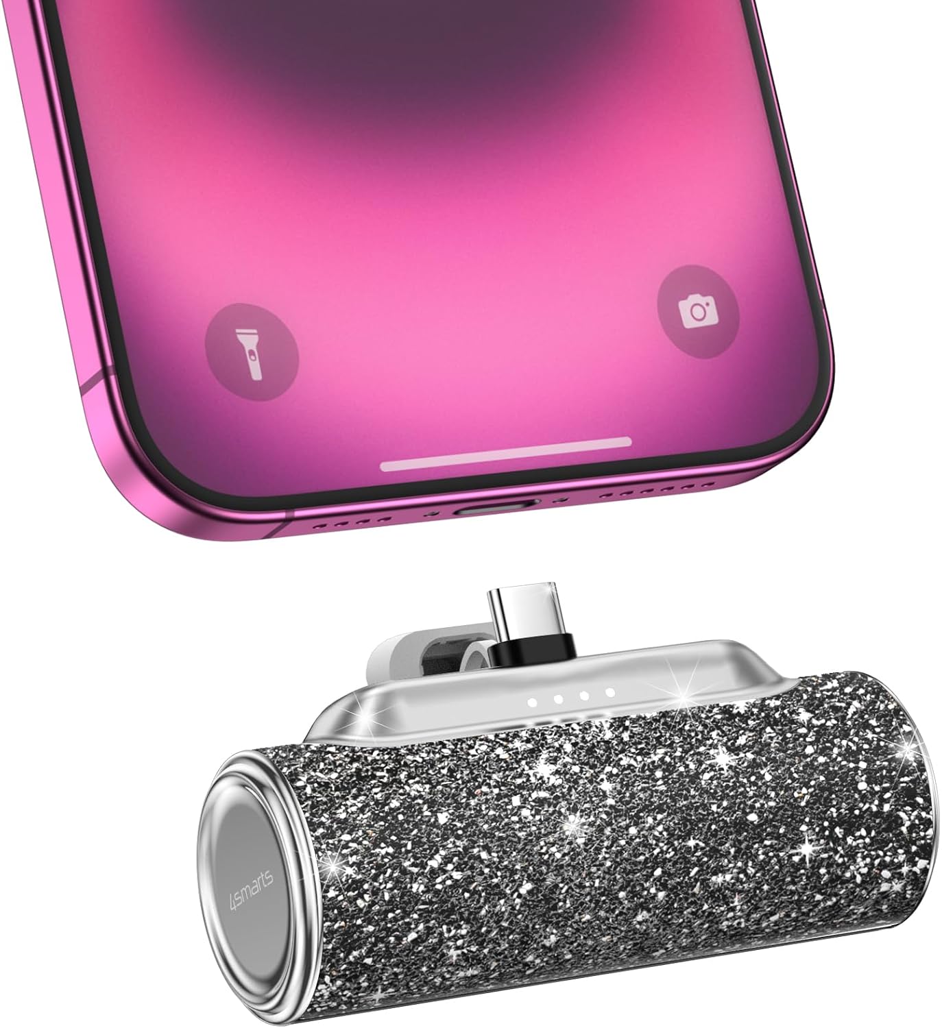 Mini Portable Charger USB C, 4500mAh Small Power Bank with Built-in USB-C Connector, Bling Glitter Battery Pack for iPhone 16/15 Pro/Pro Max/Plus, Samsung Galaxy S24/S23/Android  Shiny Black