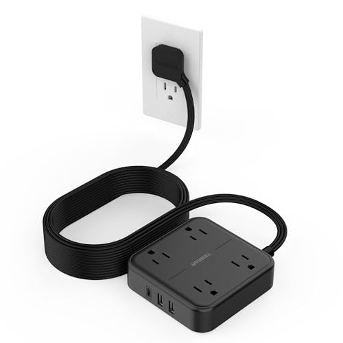 Surge Protector Flat Extension Cord 15FT, TESSAN Flat Plug Power Strip with 4 Outlets 3 USB C Ports (1 USB C), 900 Joules Protection, Multiple Wall Outlet Extender Suitable for Home Office Dorm, Black