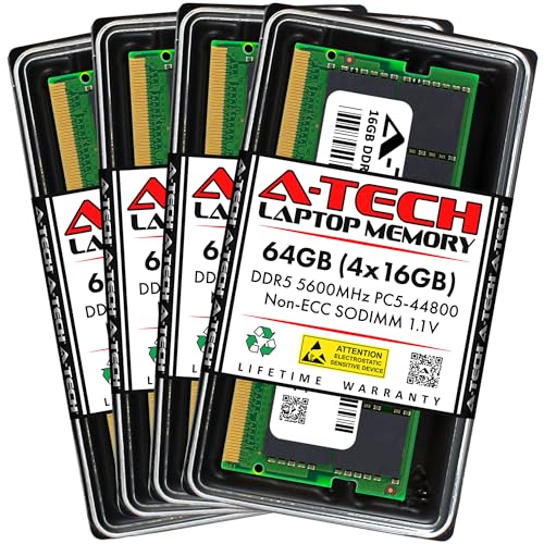 A-Tech 64GB Kit (4x16GB) DDR5 5600MHz PC5-44800 CL46 SODIMM 1.1V Non-ECC Unbuffered SO-DIMM 262-Pin Laptop Computer RAM Memory Upgrade Modules