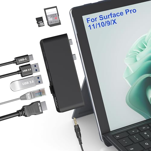 Surface Pro 11/10/9 Hub Docking Station with 4K HDMI, Thunerbolt 4(8K Video+40Gbps+100W PD), 100M Ethernet, USB 3.0, 3.5mm Audio, SD/TF Card Slot - USB C Hub Adapter for Surface Pro 11/Pro 10/Pro 9