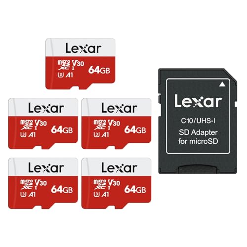 Lexar E-Series 64GB Micro SD Card 5 Pack, microSDXC UHS-I Flash Memory Card with Adapter, 100MB/s, C10, U3, A1, V30, Full HD, 4K UHD, High Speed TF Card