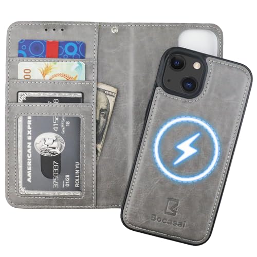 Bocasal for iPhone 13 Wallet Case Compatible with MagSafe Wireless Charging, RFID Blocking Magnetic Leather Case with Card Slots Holder Kickstand Detachable Wrist Strap 6.1 Inch (Grey)