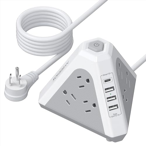 Tower Surge Protector Power Strip, NVEESHOX 9 AC Outlets with 4 USB Ports (1 USB C) 3-Side Triangle Outlets with USB Ports,6.5 Ft,Flat Plug, Charging Station with Surge Protection
