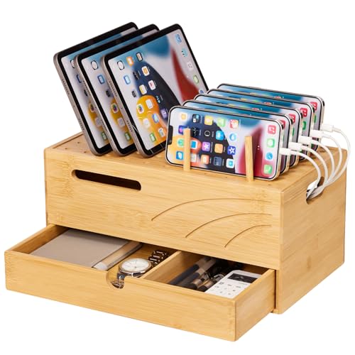 Bamboo Charging Station for Multiple Devices, Charger Organizer Desk Docking Stations Rack for Phones, Tablets, Laptop, Perfect to Work from Home (Natural, L)