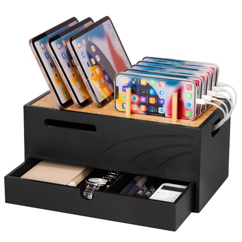 Bamboo Charging Station for Multiple Devices, Charger Organizer Desk Docking Stations Rack for Phones, Tablets, Laptop, Perfect to Work from Home (Natural and Black, L)