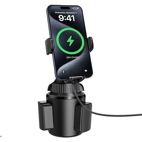 APPS2Car 15W Qi Wireless Car Charger Solid Cup Holder Mount, Adjustable Long Arm & 360 Rotation, Fits 3"4" Round Cup Holders, Works with Cases  4 mm (No Metal Attachments)