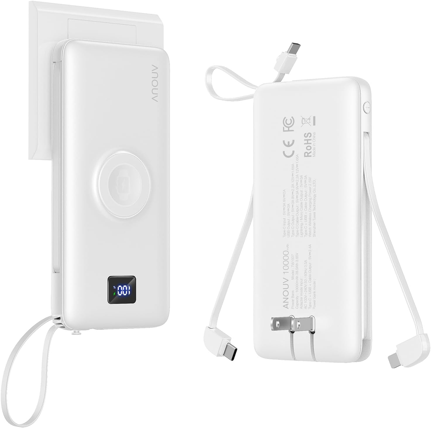 ANOUV Portable Charger with Built-in-Cable&AC Wall Plug& Magnetic Wireless iWatch Charger,10000mAh Power Bank,PD 22.5W Fast Charging Battery Pack Compatible with iPhones and Apple Watch etc.(1 Pack)