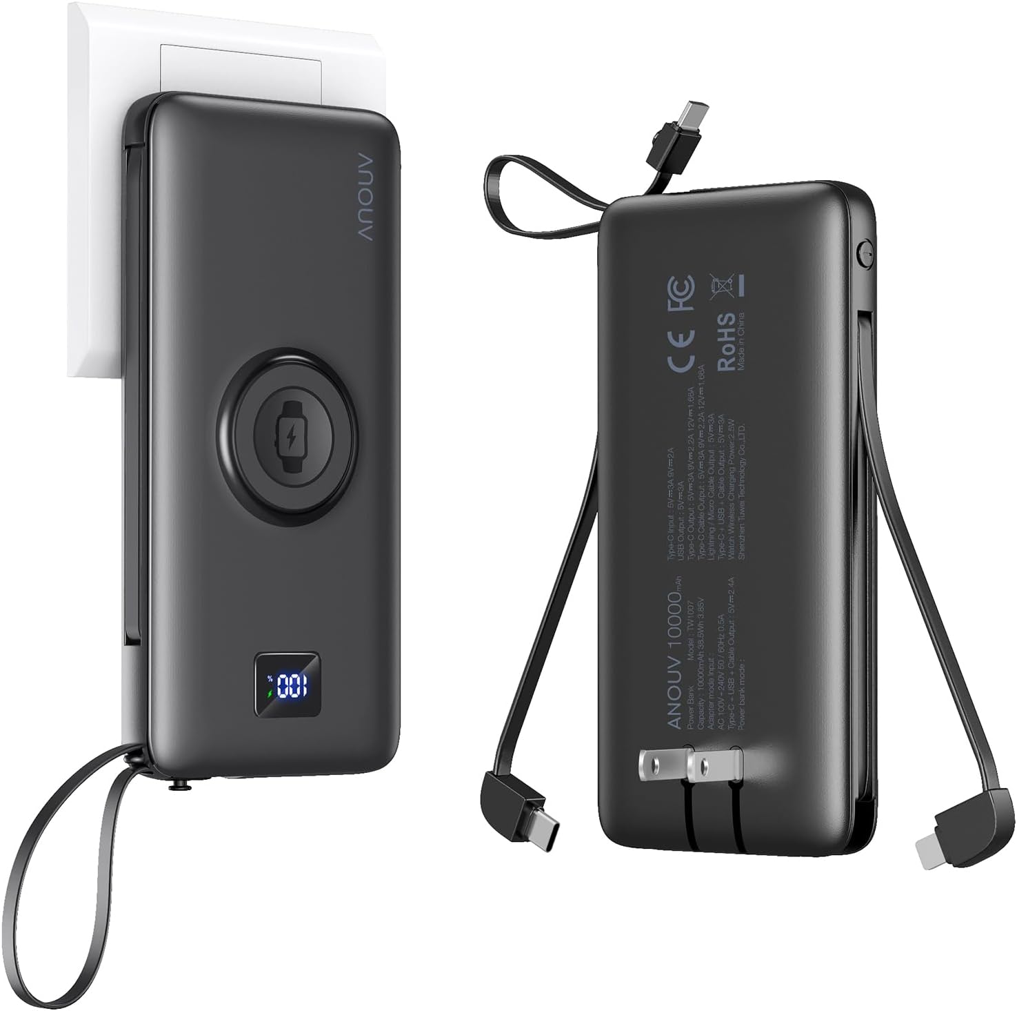 ANOUV Portable Charger with Built-in-Cable&AC Wall Plug& Magnetic Wireless iWatch Charger,10000mAh Power Bank,PD 22.5W Fast Charging Battery Pack Compatible with iPhones and Apple Watch etc.(1 Pack)