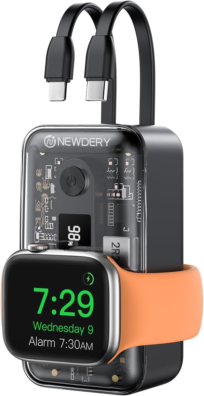 NEWDERY Portable Charger for Apple Watch, 10000mAh Power Bank Built in Cable with iWatch Charger, USB C Fast Charging Battery Pack with LED Display for iPhone 16/15/14/13/12 Series/iWatch/Galaxy Phone