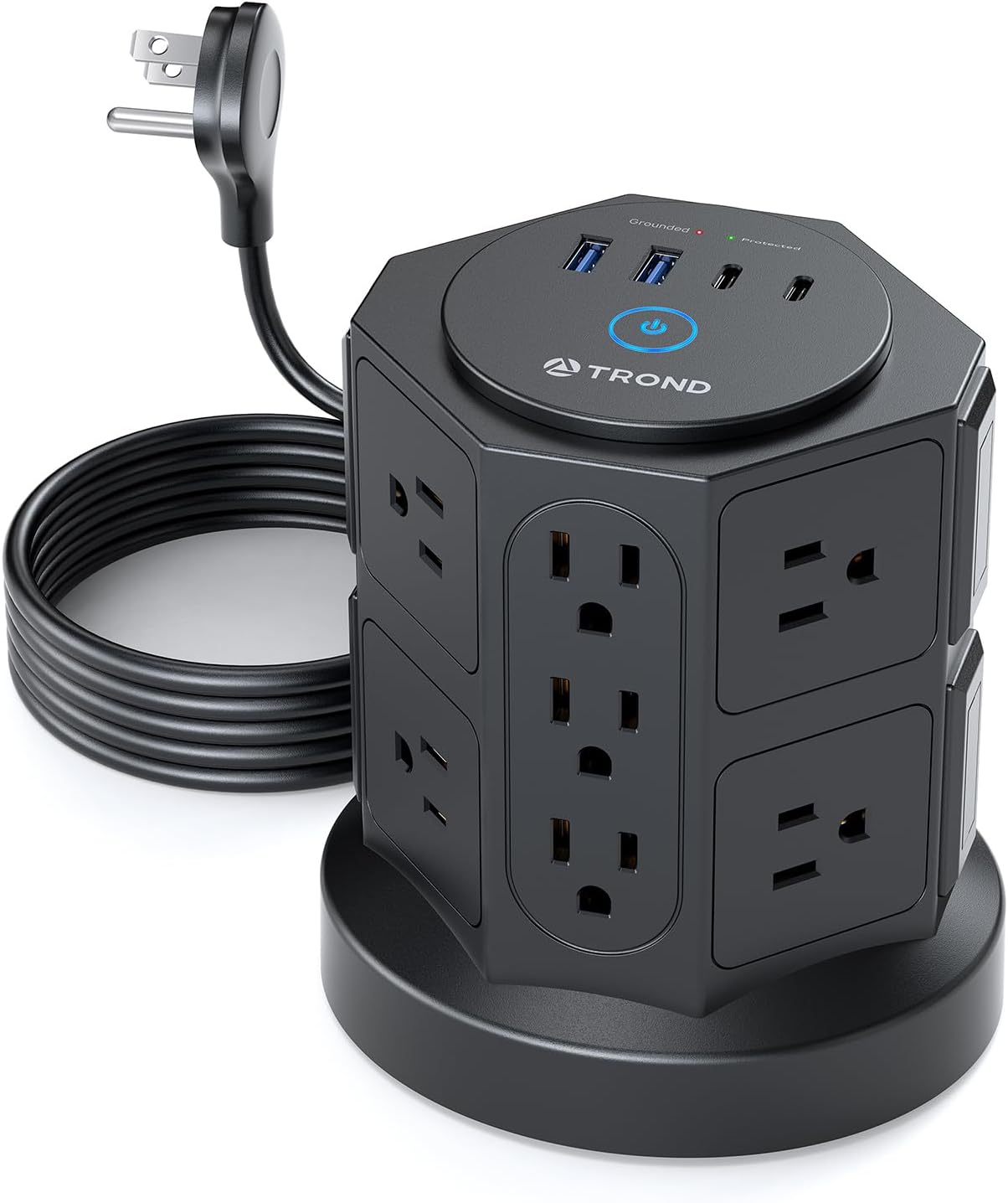 TROND Tower Surge Protector Power Strip with USB, 14 Widely Spaced Outlets, 2 USB-C and 2 USB-A, 2100J Surge Protection, 6 Feet Extension Cord with Multiple Outlets Home, Office, Dorm Essentials Black