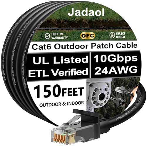 Cat 6 Outdoor Ethernet Cable 150 ft (45.72m), Support Cat8/7 Network, 10Gbps 550MHz, 24AWG Pure Copper, Direct Burial Waterproof In-Ground UV Resistant LAN Patch Cable for Router, Modem, Switch, Black