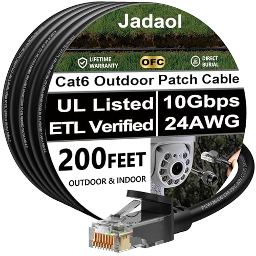 Cat 6 Outdoor Ethernet Cable 200 ft (60.96m), Support Cat8/7 Network, 10Gbps 550MHz, 24AWG Pure Copper, Direct Burial Waterproof In-Ground UV Resistant LAN Patch Cable for Router, Modem, Switch, Black